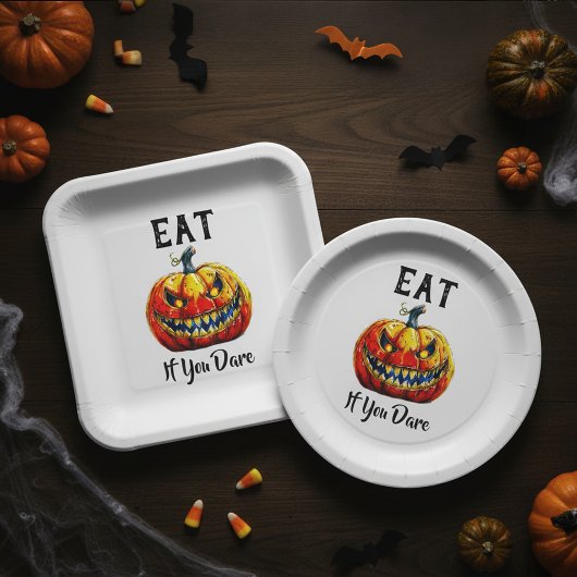 White Eat if you dare Halloween Ghastly Pumpkin Pappteller