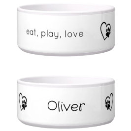 White 'eat, play, love' Dog Name Bowl Napf