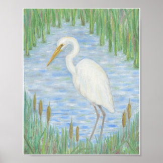 White Egret in Cattail Marsh Art Print Poster