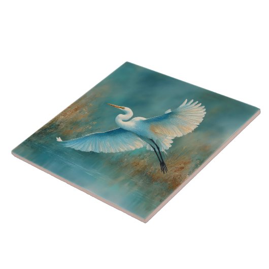 White Egret in Flight Watercolor Fliese (Seite)