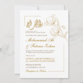 White Elegance Minimalistisch Gold Floral Nikah Einladung (Vorderseite)