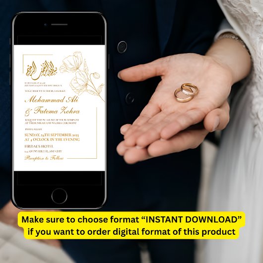 White Elegance Minimalistisch Gold Floral Nikah Einladung