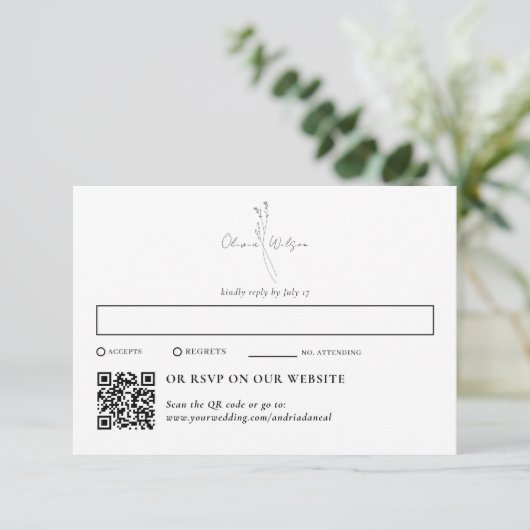 White Elegant Botanical Traditional & QR Code RSVP Karte (Stehend Vorderseite)