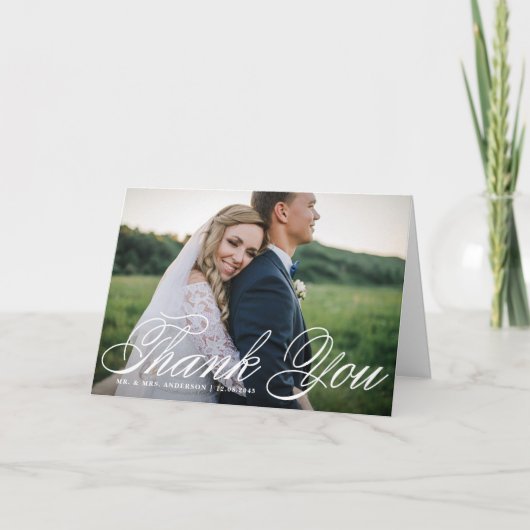 White Elegant Calligraphy Wedding Foto Dankeskarte (Vorderseite)