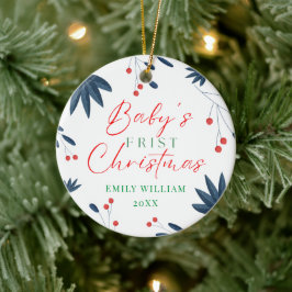 White Elegant Floral Foto Baby's First Christmas Keramik Ornament