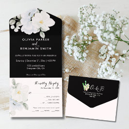 White Elegant Floral Monogram Modern Black Wedding All In One Einladung