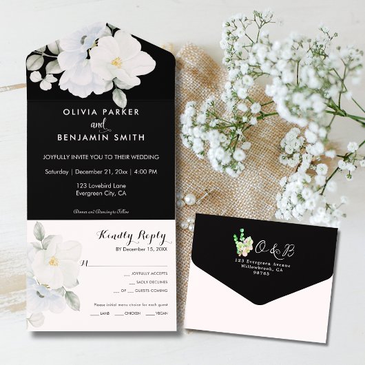 White Elegant Floral Monogram Modern Black Wedding All In One Einladung