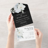 White Elegant Floral Monogram Modern Black Wedding All In One Einladung (Abreißen)