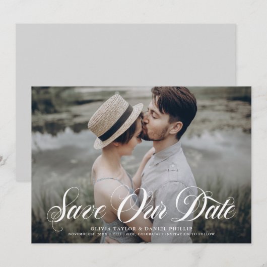White Elegant Geblüht Script-Foto Save The Date (Vorne/Hinten)