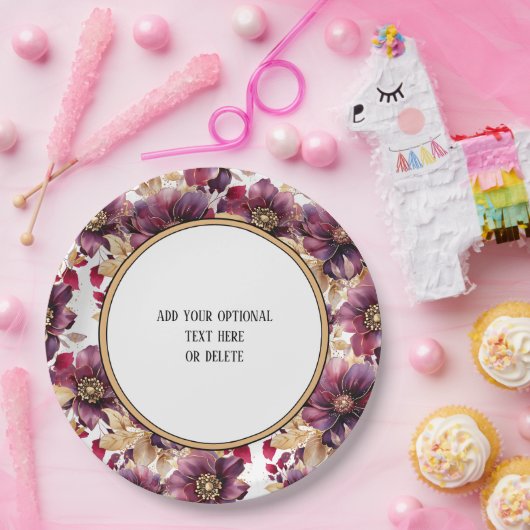 White Elegant Gold Burgundy Blumenmuster Rand Pappteller (Party)