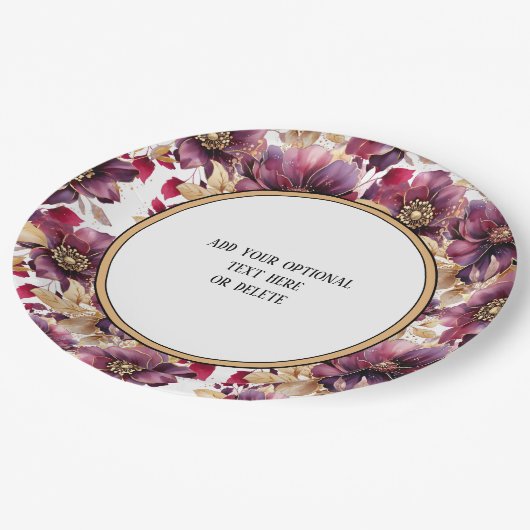 White Elegant Gold Burgundy Blumenmuster Rand Pappteller (Schrägansicht)