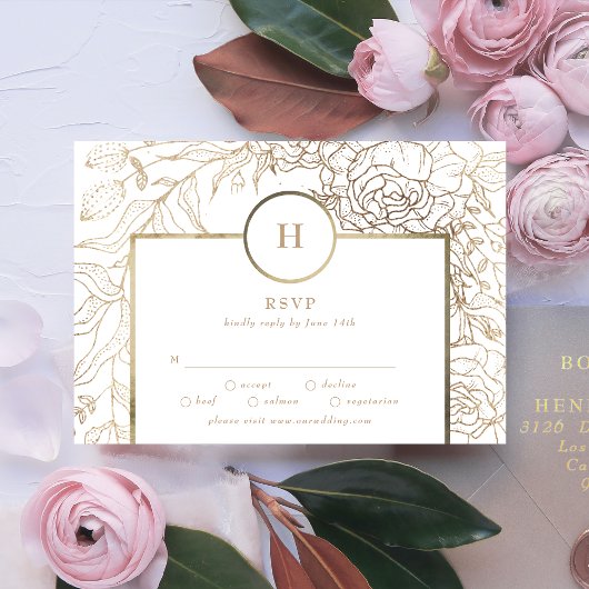 White Elegant Gold Monogram Wreath Wedding RSVP Ca Karte