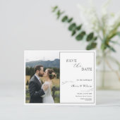White Elegant Minimalist With Photo Save the Date Postkarte (Stehend Vorderseite)