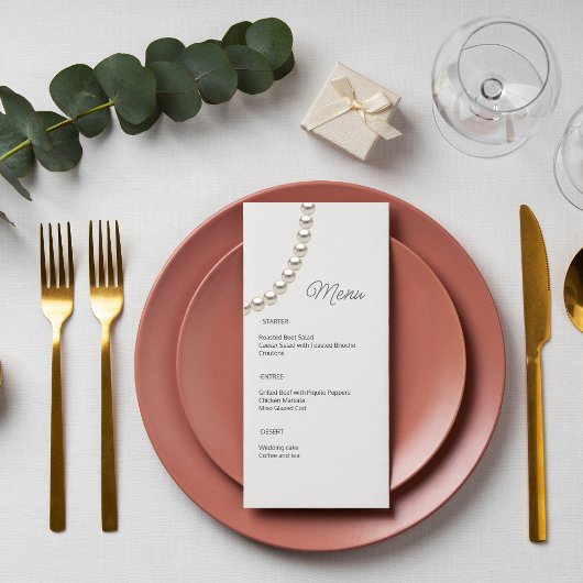 White Elegant Pearl Wedding Menu Menükarte