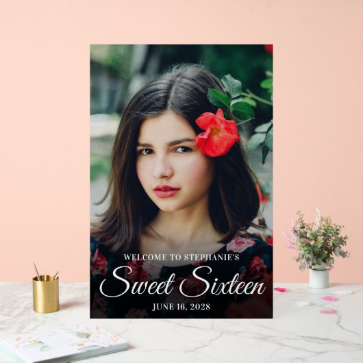 White Elegant Script 16 . Geburtstag Foto Acrylschild (Hochzeit)