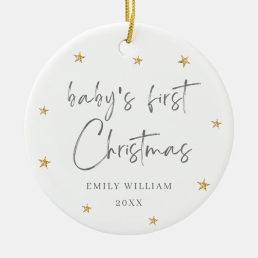 White Elegant Star Foto Baby's First Christmas Keramik Ornament (Vorne)