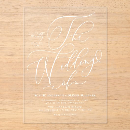 White Elegant Whimsical Calligraphy Wedding Acryleinladungen (Vorderseite)