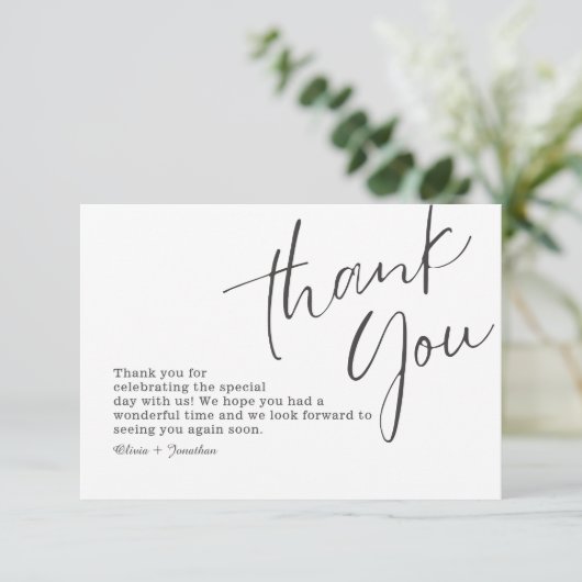 White Elegante Moderne Kalligraphie Hochzeit Dankeskarte (Stehend Vorderseite)