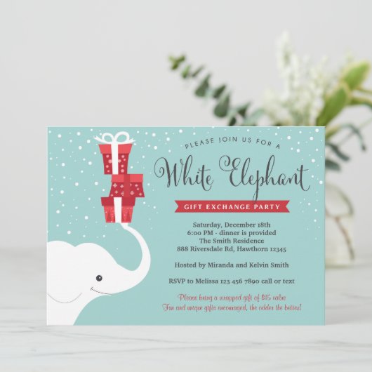 White Elephant Einladung, Weihnachtsfest Party Ein Einladung (Stehend Vorderseite)