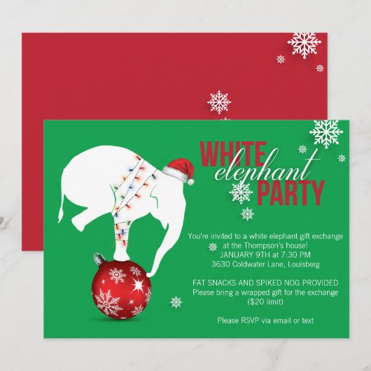 White Elephant Party Einladung | Green (Vorne/Hinten)