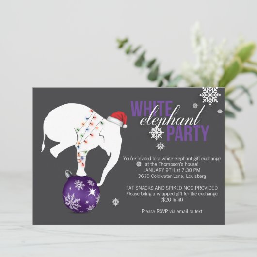 White Elephant Party Einladung | Lila/grau (Stehend Vorderseite)