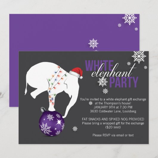 White Elephant Party Einladung | Lila/grau (Vorne/Hinten)