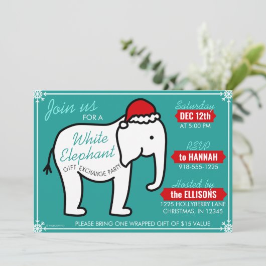 White Elephant Party Weihnachten (Aquamarin) Einla Einladung (Stehend Vorderseite)