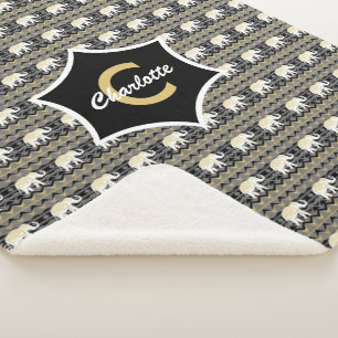White Elephant Tribal Muster Black Gold Monogram Sherpadecke