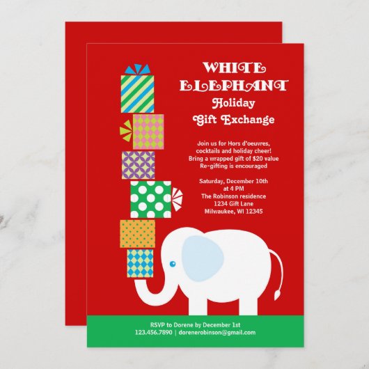 White Elephant Urlaub Geschenk-Austausch Einladung (Vorne/Hinten)
