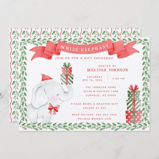 White Elephant Weihnachtsgeschenke Exchange Einladung (Vorne/Hinten)