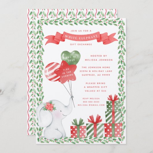 White Elephant Weihnachtsgeschenke Exchange Einladung (Vorne/Hinten)