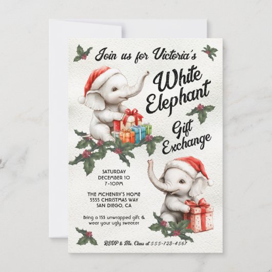 White Elephant Weihnachtsgeschenke Tauschen Kinder Einladung (Vorderseite)