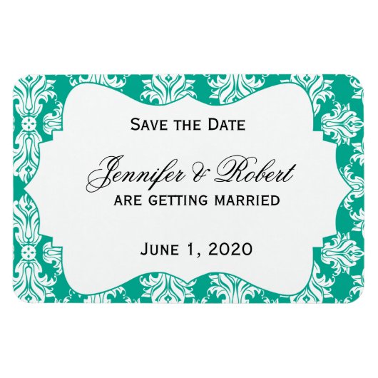 White Emerald Green Damask Hochzeit Save the Date Magnet (Horizontal)