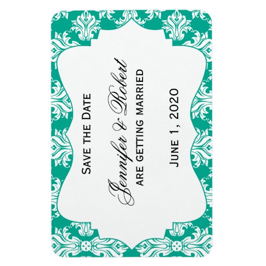 White Emerald Green Damask Hochzeit Save the Date Magnet (Vertikal)