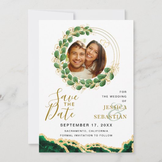 White Emerald Green & Gold Add QR Code Foto Save The Date (Vorderseite)