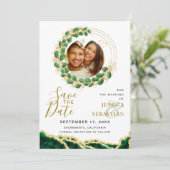 White Emerald Green & Gold Add QR Code Foto Save The Date (Stehend Vorderseite)