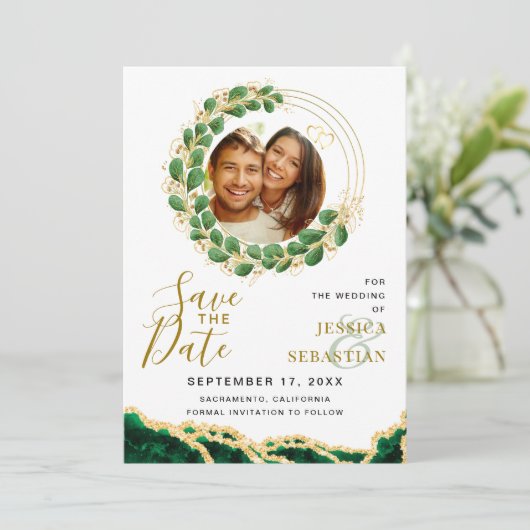 White Emerald Green & Gold Add QR Code Foto Save The Date (Stehend Vorderseite)