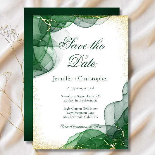 White Emerald Green Gold Marble Save The Date Card Einladung