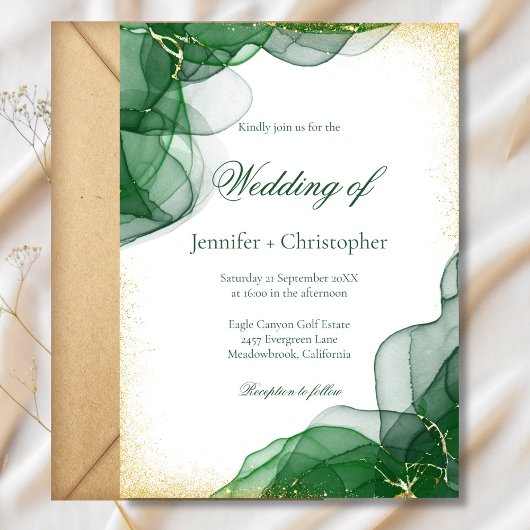 White Emerald Green Gold Marble Wedding Einladung