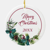 White English Bulldog Evergreen Wreath Keramik Ornament (Hinten)