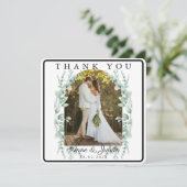 White Eucalypthus leaves Wedding W/ 2 photos Dankeskarte (Stehend Vorderseite)