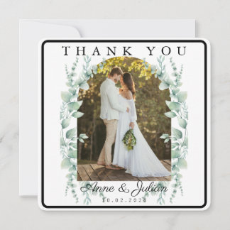 White Eucalypthus leaves Wedding W/ 2 photos Dankeskarte