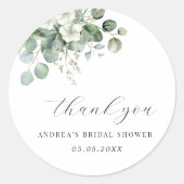 White Eucalyptus Floral Brautparty Vielen Dank Runder Aufkleber (Vorderseite)
