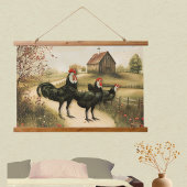 White Faced Black Spanish Bantam Roosters Chickens Wandteppich Mit Holzrahmen