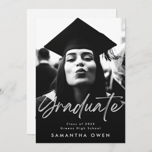 White Fade Brush Graduate Modernes Script Foto Ankündigung (Vorne/Hinten)