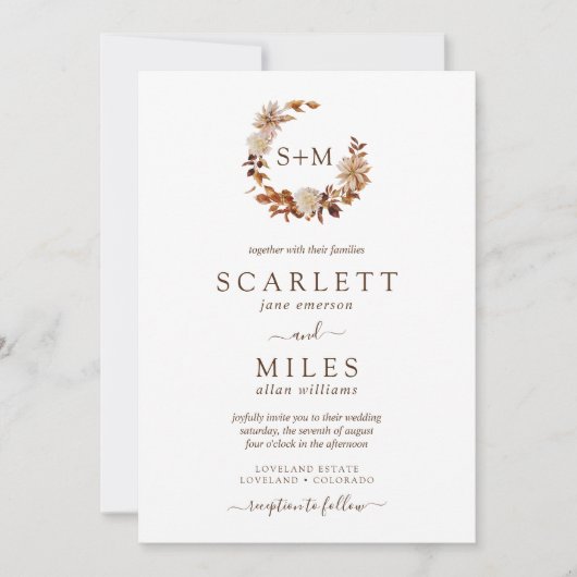 White Fall Terracotta Monogram Wedding Einladung (Vorderseite)