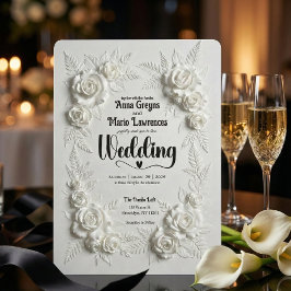 White Faux Bas Relief Floral Wedding Invitation Einladung