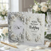 White Faux Bas Relief Floral Wedding Invitation Einladung