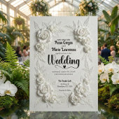 White Faux Bas Relief Floral Wedding Invitation Einladung