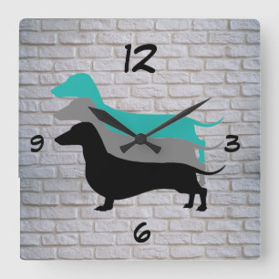 White Faux Brick Dachshund Silhouette Wall Clock Quadratische Wanduhr